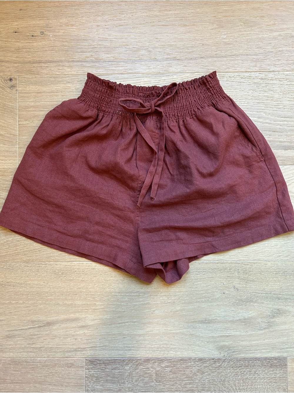 fab'rik High-Waist Smocked Drawstring Shorts — Burgundy